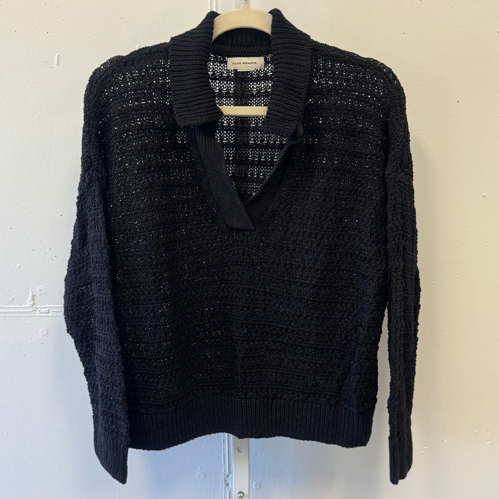 Club Monaco Women's Linen Blend Open Heavyknit‎ Polo Sweater V-Neck Small Black